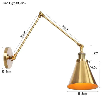 Brass adjustable wall lamp with dual 30cm arms and conical shade on Tampa Home & Garden Store
