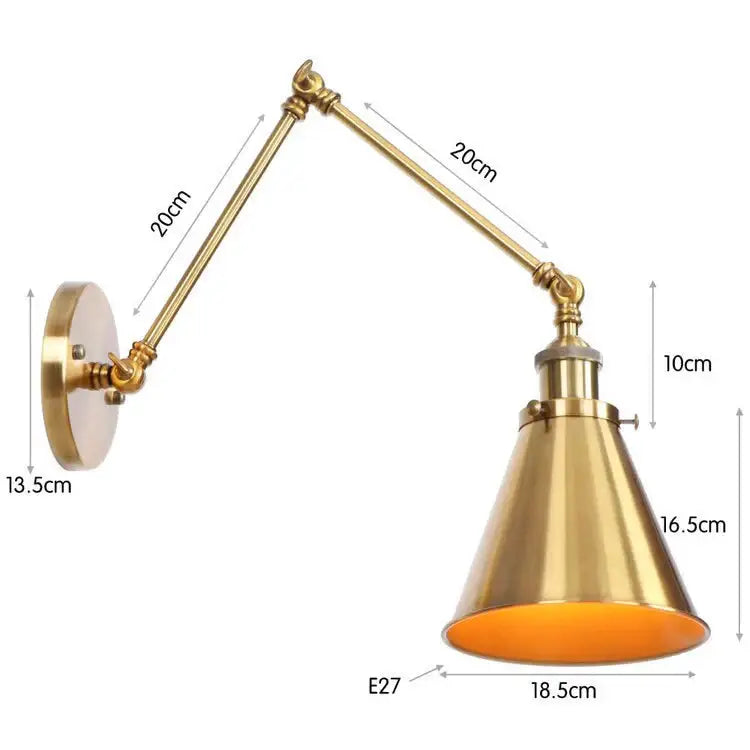 Decorbites wall lamp, brass finish, adjustable dual arms, conical shade, E27 socket on Tampa Home & Garden Store
