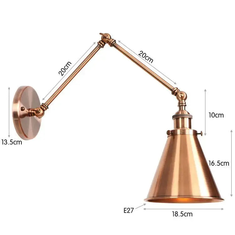 Copper adjustable wall lamp with dual arms and conical shade, E27 socket on Tampa Home & Garden Store