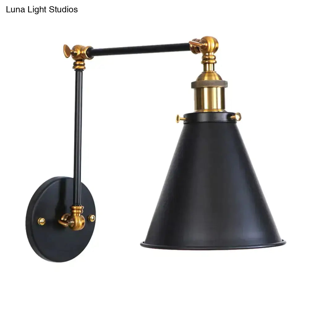 Black Adjustable Wall Lamp with conical shade, brass fixtures, and adjustable arm on wall mount on Tampa Home & Garden Store