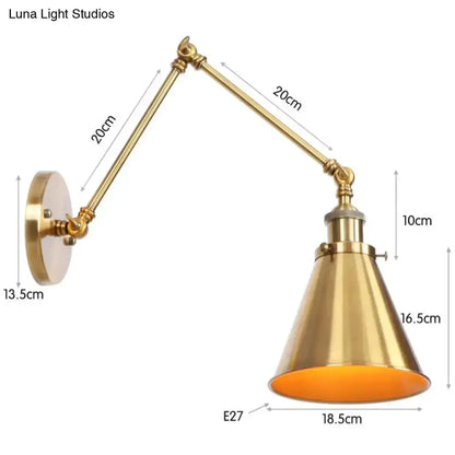 Decorbites brass adjustable wall lamp with dual 20cm arms and cone shade E27 socket on Tampa Home & Garden Store