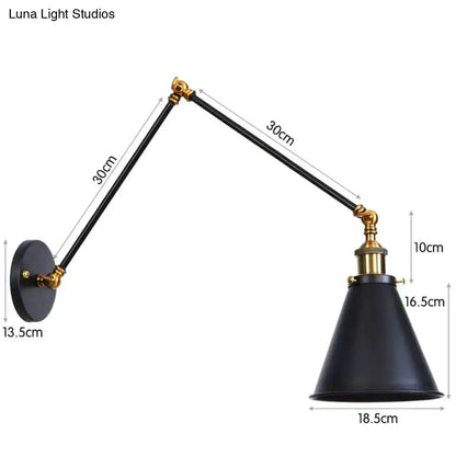 Black adjustable wall lamp with double-arm black metal arms and brass joints cone shade on Tampa Home & Garden Store