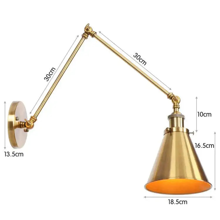 Brass adjustable wall lamp with twin 30cm arms and gold cone shade on wall mount base on Tampa Home & Garden Store