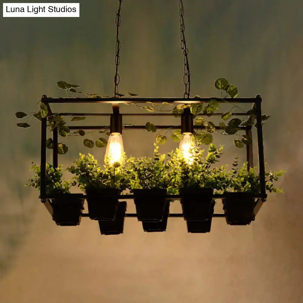 Antique black metal island pendant planter with 6 pots, two Edison bulbs for dining room on Tampa Home & Garden Store