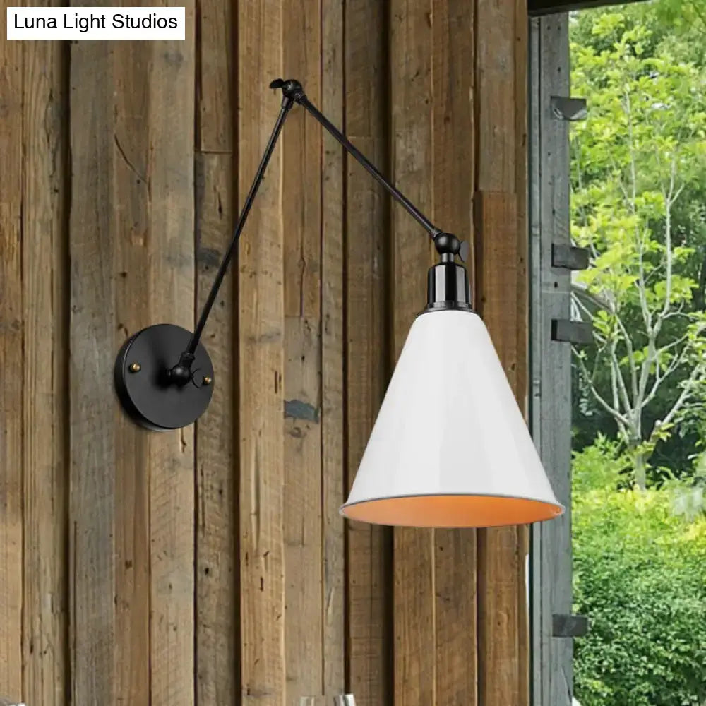 Decorbites Iron Art Deco wall sconce with black adjustable arm and white cone shade on Tampa Home & Garden Store