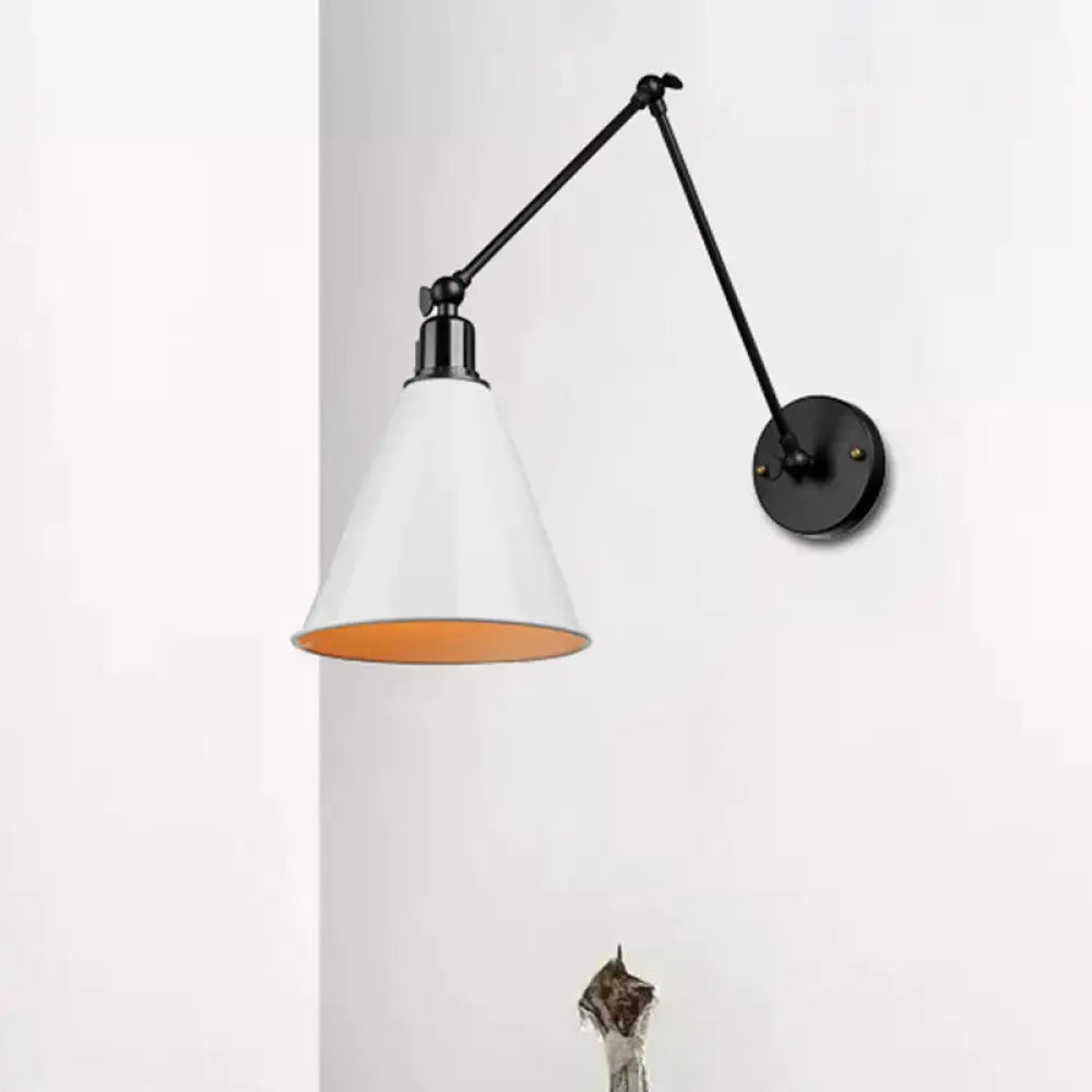 Iron Art Deco Sconce Decorbites with black adjustable arm, white conical shade, orange interior on Tampa Home & Garden Store