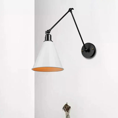 Iron Art Deco Sconce Decorbites with black adjustable arm, white conical shade, orange interior on Tampa Home & Garden Store