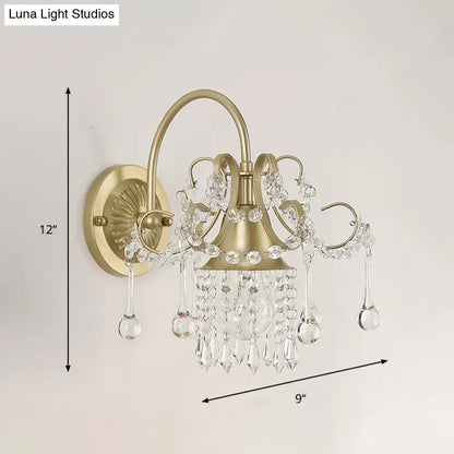 Brass crystal living area wall sconce with hanging prisms Decorbites 12in tall 9in wide on Tampa Home & Garden Store