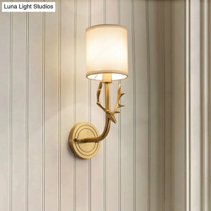 Antique brass fabric sconce by Decorbites with antler branch, cylindrical shade, wall mount on Tampa Home & Garden Store