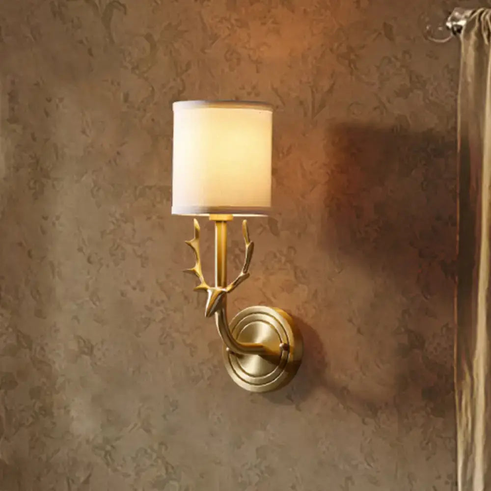 Antique Brass Fabric Sconce by Decorbites with white fabric shade, wall mount on Tampa Home & Garden Store