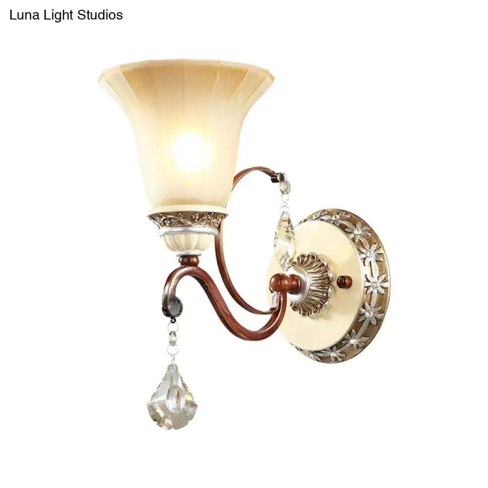 Brass Cream Bell Sconce with cream glass shade, floral backplate and crystal drop by Decorbites on Tampa Home & Garden Store