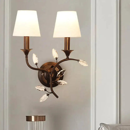 Antique Brass Crystal Leaf Wall Mount Lamp Sconce