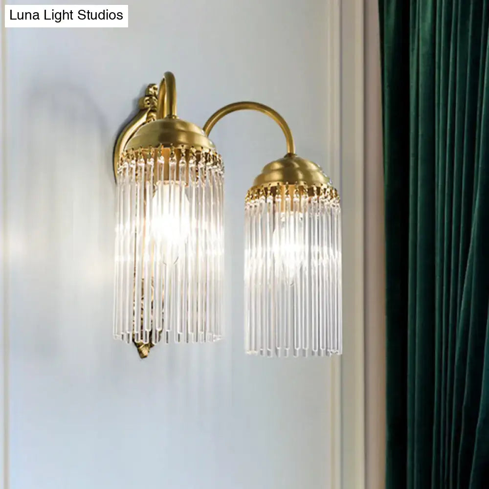 Decorbites Brass Crystal Rod Sconce, two-light gold finish with crystal fringe shades on Tampa Home & Garden Store