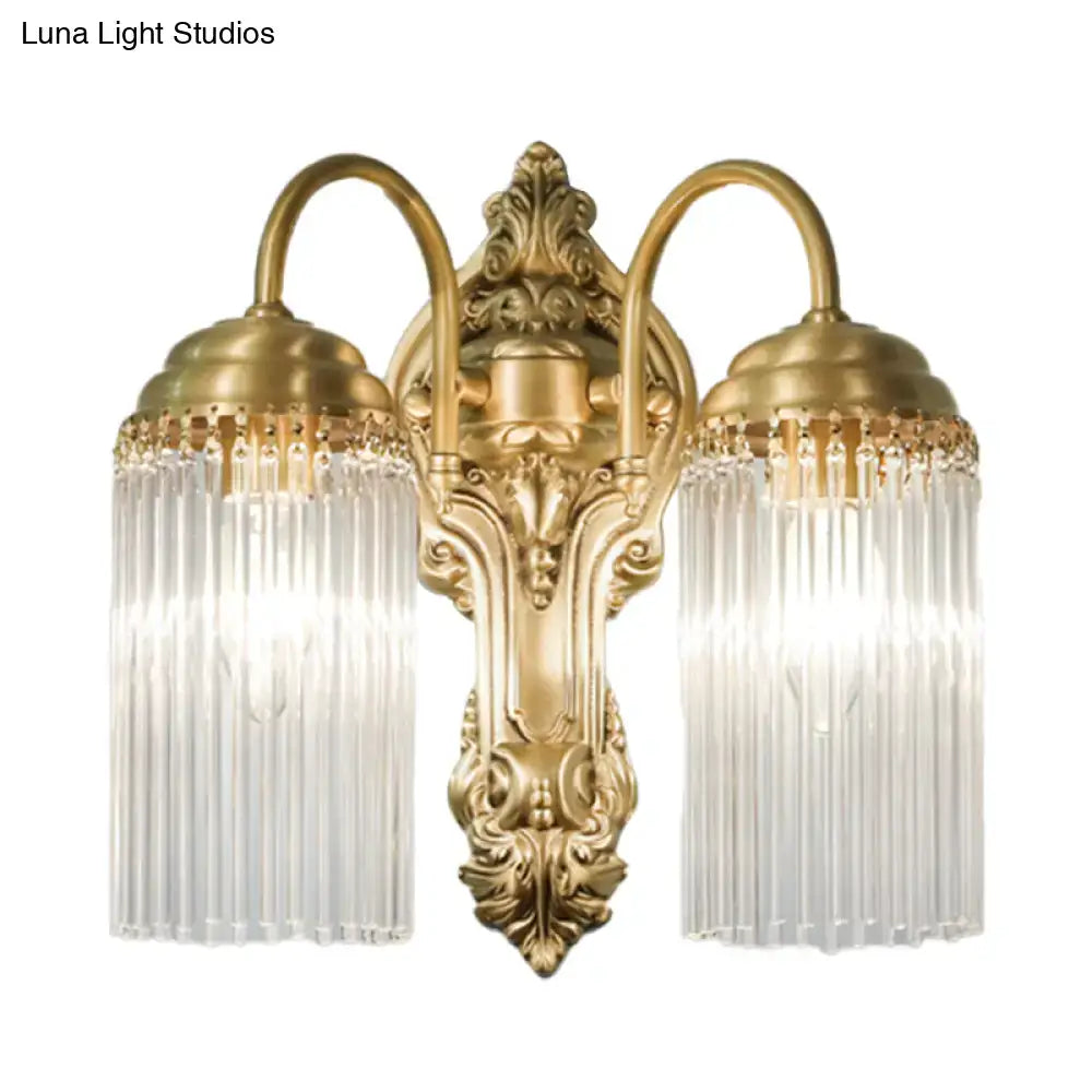 Brass Crystal Rod Sconce, two-light with ornate backplate and ribbed glass shades on Tampa Home & Garden Store