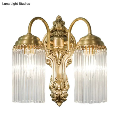 Brass Crystal Rod Sconce, two-light with ornate backplate and ribbed glass shades on Tampa Home & Garden Store