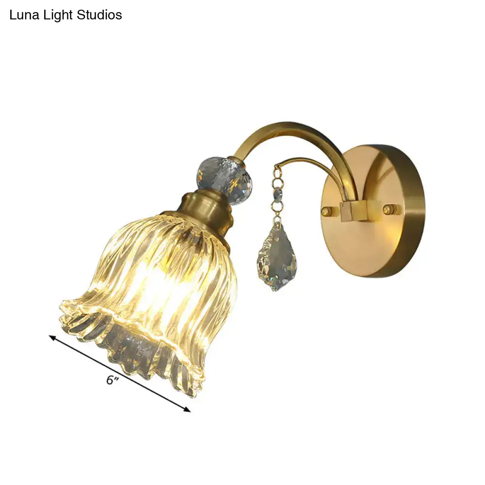 Brass Glam Crystal Sconce with ribbed glass shade hanging crystal pendant Decorbites 6in shade on Tampa Home & Garden Store