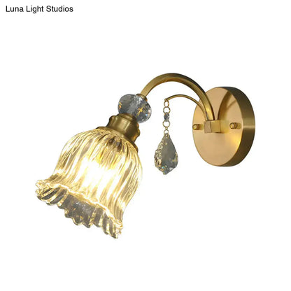 Brass Glam Crystal Sconce with ribbed glass shade and crystal pendant, wall light on Tampa Home & Garden Store