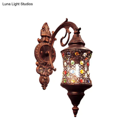 Traditional Iron Wall Lamp with Crystal Bead and Copper Finish - Perfect for Hallways
