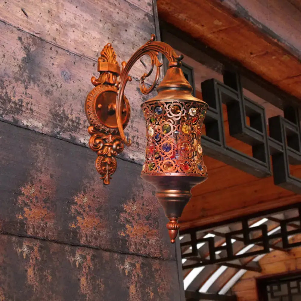 Traditional Iron Wall Lamp with Crystal Bead and Copper Finish - Perfect for Hallways
