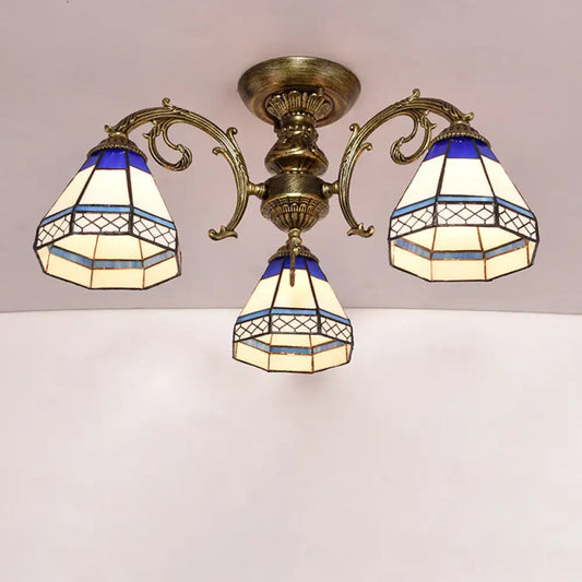 Tiffany Style Ceiling Light - Blue Stained Glass Bell Shade - Semi Flush Mount Fixture with 3 Heads - Tampa Home & Garden Store