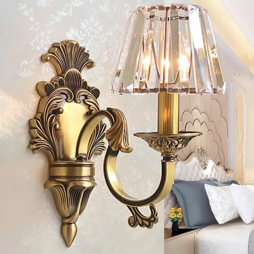 Brass crystal antique wall lamp sconce with ornate backplate and crystal shade, single-light on Tampa Home & Garden Store