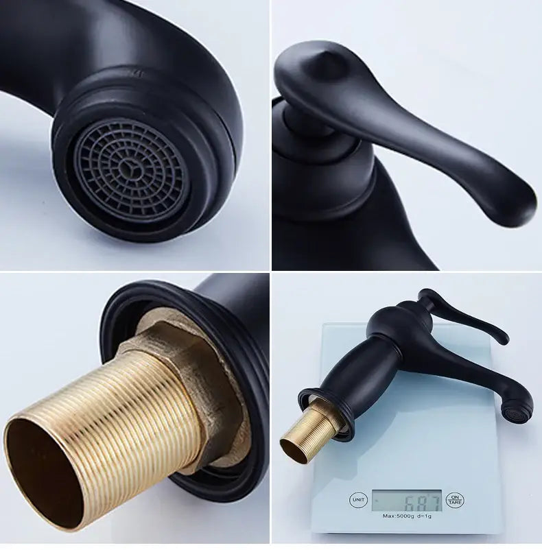 Bronze ceramic handle bathroom faucet with matte black finish and brass tailpiece on Tampa Home & Garden Store