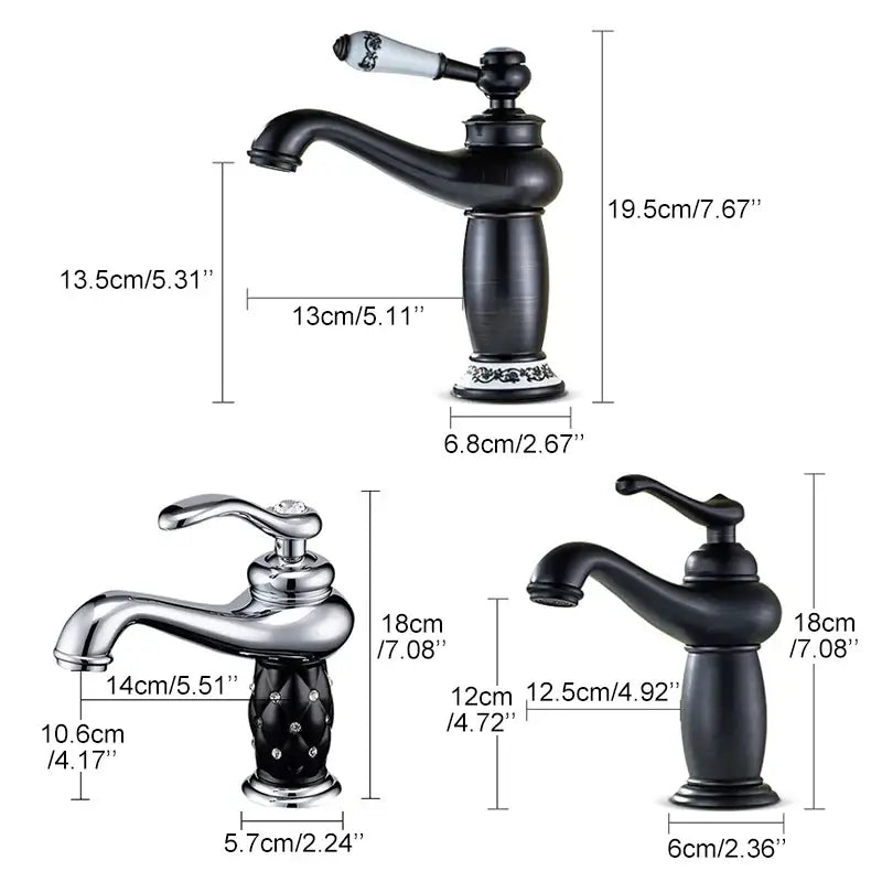 Three Decorbites bathroom faucets: bronze ceramic handle, chrome with black ceramic knob, finish on Tampa Home & Garden Store