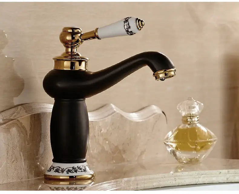 Bronze ceramic handle bathroom faucet by Decorbites, black body with white ornate handle on Tampa Home & Garden Store