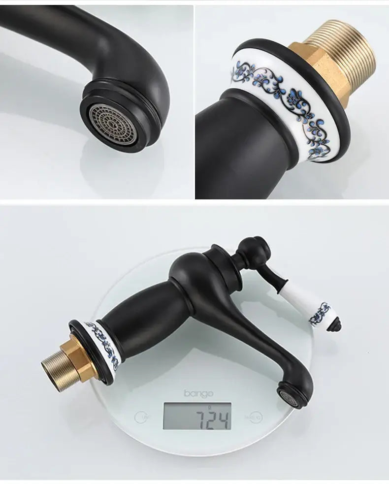 Bronze ceramic handle faucet with black matte body and blue floral collar by Decorbites on Tampa Home & Garden Store