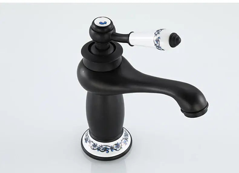 Bronze Ceramic Handle Faucet Decorbites, black matte body with blue floral accents on Tampa Home & Garden Store