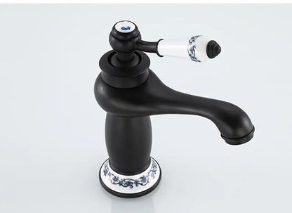Bronze Ceramic Handle Faucet Decorbites, black matte body with blue floral accents on Tampa Home & Garden Store
