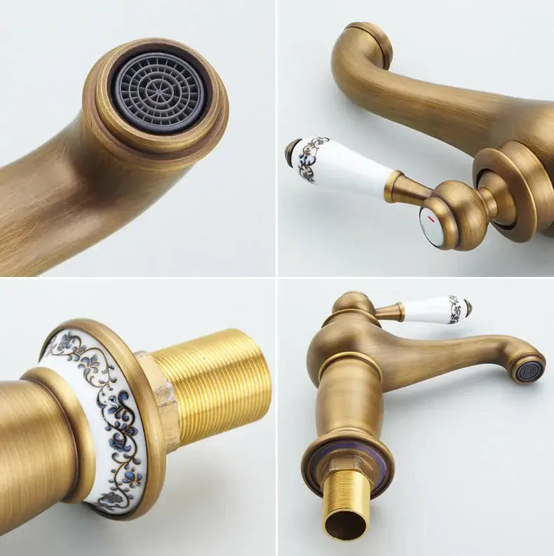 Bronze ceramic handle bathroom faucet by Decorbites with white floral ceramic levers on Tampa Home & Garden Store