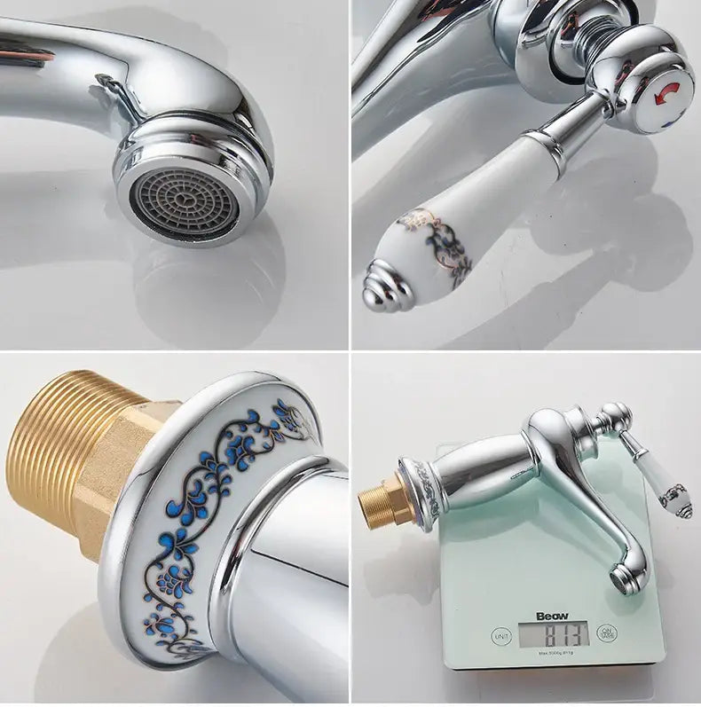 Bronze ceramic handle bathroom faucet by Decorbites, chrome finish with blue floral accents on Tampa Home & Garden Store
