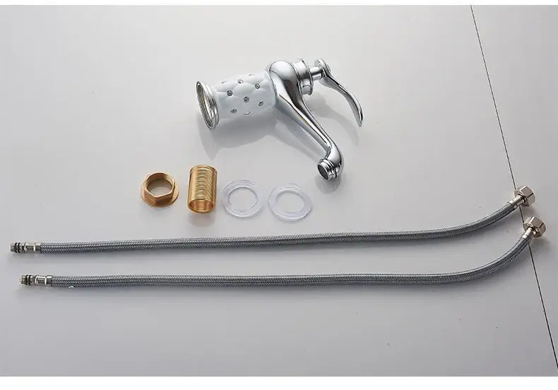 Decorbites Bronze Ceramic Handle Bathroom Sink Faucet with braided stainless steel supply lines on Tampa Home & Garden Store