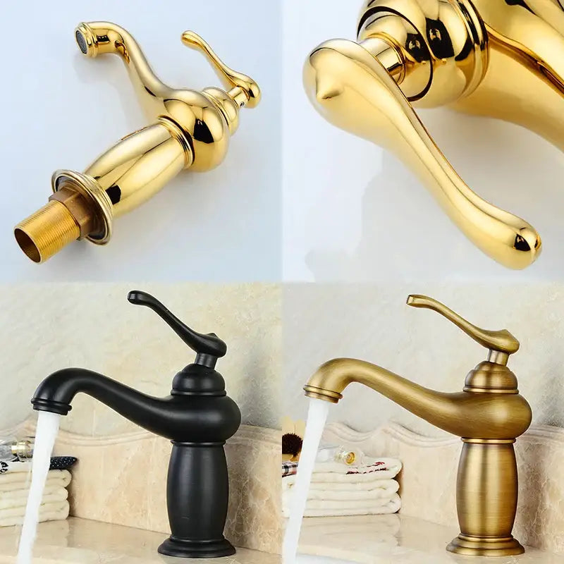 Bronze Ceramic Handle Bathroom Sink Faucet Decorbites; four views in gold and black on Tampa Home & Garden Store