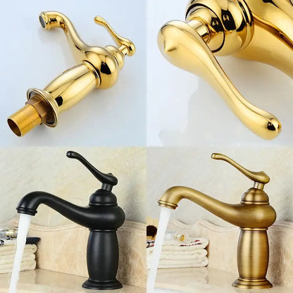 Bronze Ceramic Handle Bathroom Sink Faucet Decorbites; four views in gold and black on Tampa Home & Garden Store