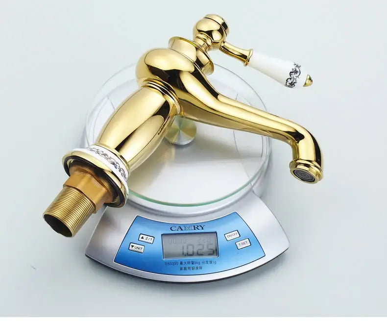 Decorbites bronze ceramic-handle bathroom faucet with white ceramic handles on scale on Tampa Home & Garden Store