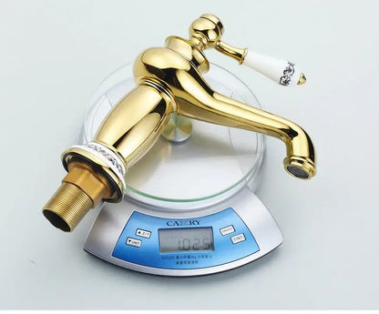 Decorbites bronze ceramic-handle bathroom faucet with white ceramic handles on scale on Tampa Home & Garden Store