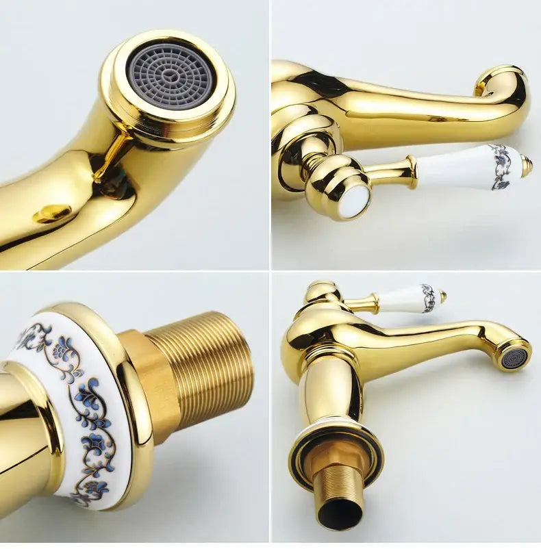 Bronze ceramic-handle bathroom faucet by Decorbites, gold-tone finish with white ceramic band on Tampa Home & Garden Store