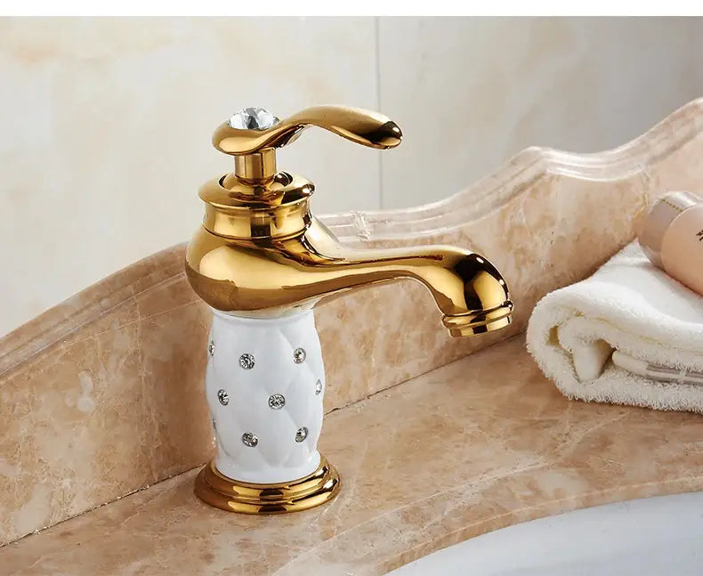 Bronze bathroom faucet with white ceramic knob and crystal accents, Decorbites, gold finish on Tampa Home & Garden Store
