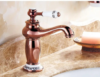 Bronze ceramic-handle bathroom faucet by Decorbites, copper finish on marble countertop on Tampa Home & Garden Store
