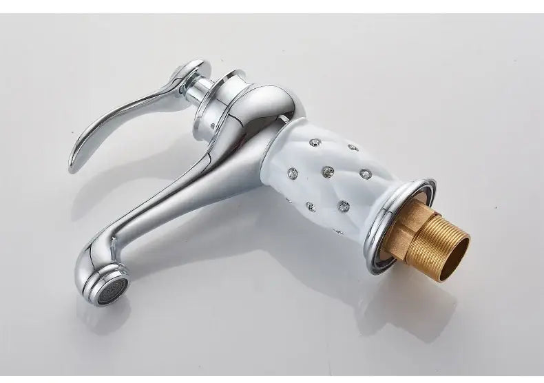 Decorbites Bronze Ceramic Handle Bathroom Faucet with crystal-embedded white knob, chrome body on Tampa Home & Garden Store