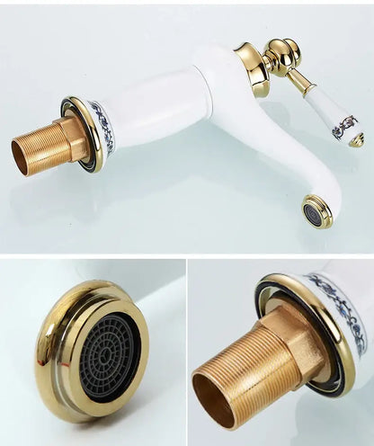 Bronze ceramic bathroom faucet with white porcelain body and gold-tone fittings by Decorbites on Tampa Home & Garden Store