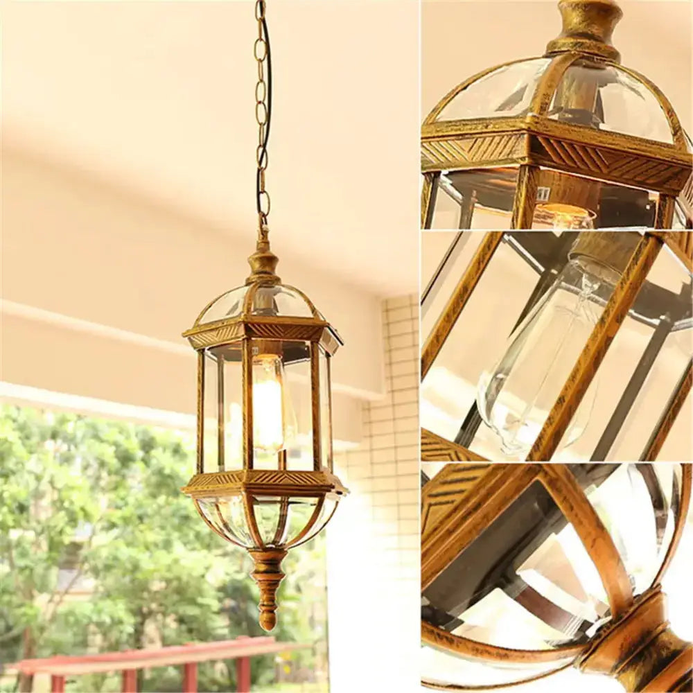 Antique bronze outdoor hanging pendant light with glass panels, chain-hung lantern on Tampa Home & Garden Store