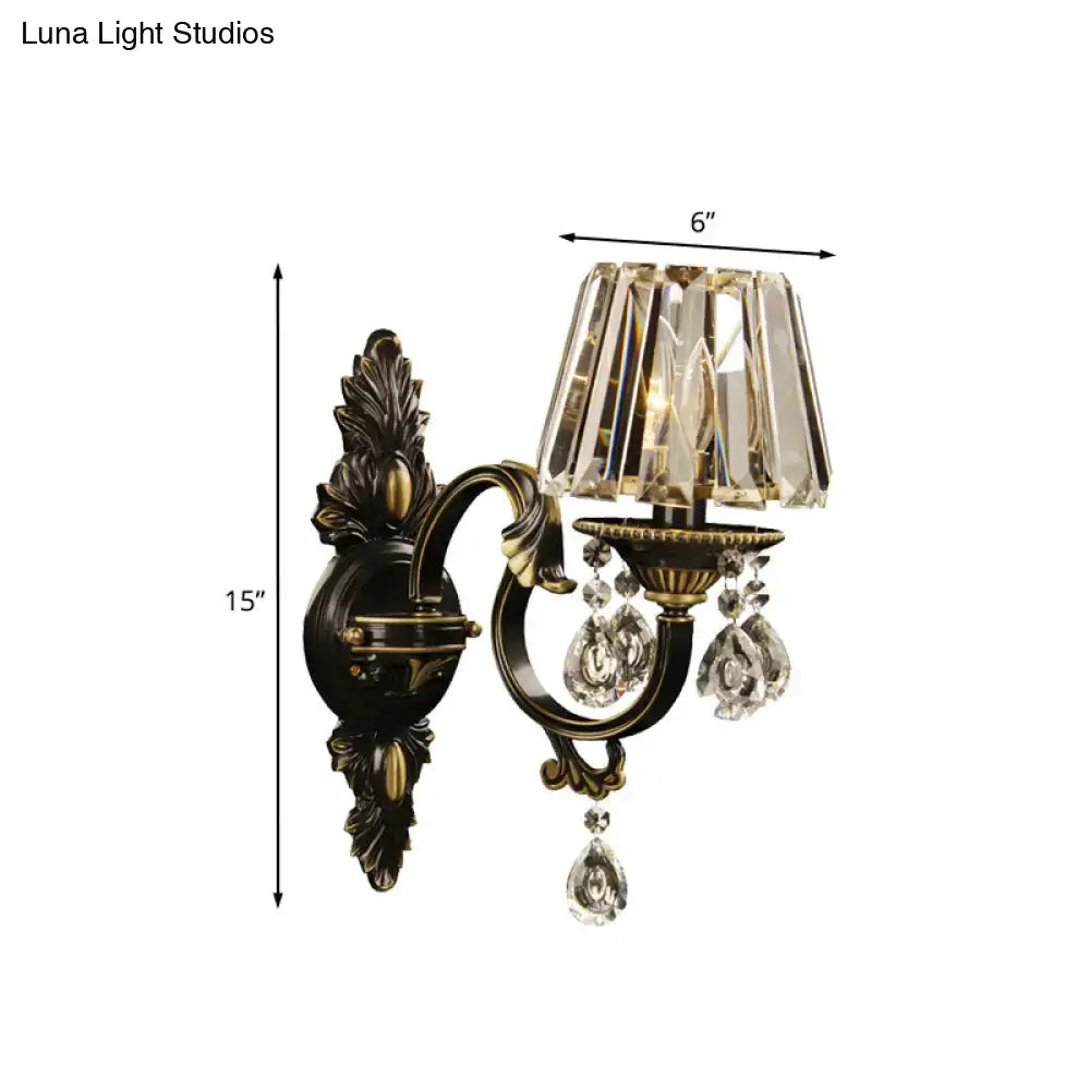 Bronze Crystal Living Room Wall Light sconce with bronze backplate and crystal prisms on Tampa Home & Garden Store