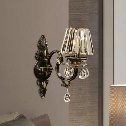 Bronze crystal living room wall light sconce with crystal shade and prisms by Decorbites on Tampa Home & Garden Store