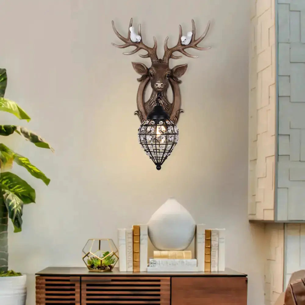 Antique Bronze Deer Head Wall Lamp with Birds
