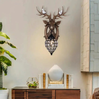 Antique Bronze Deer Head Wall Lamp with Birds