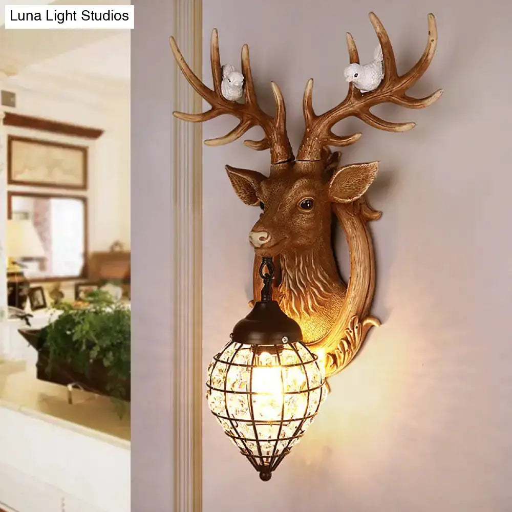 Antique Bronze Deer Head Wall Lamp with Birds