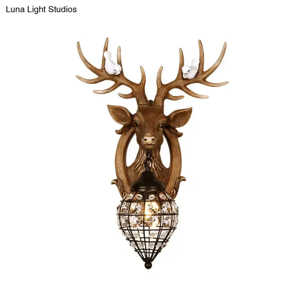 Antique Bronze Deer Head Wall Lamp with Birds